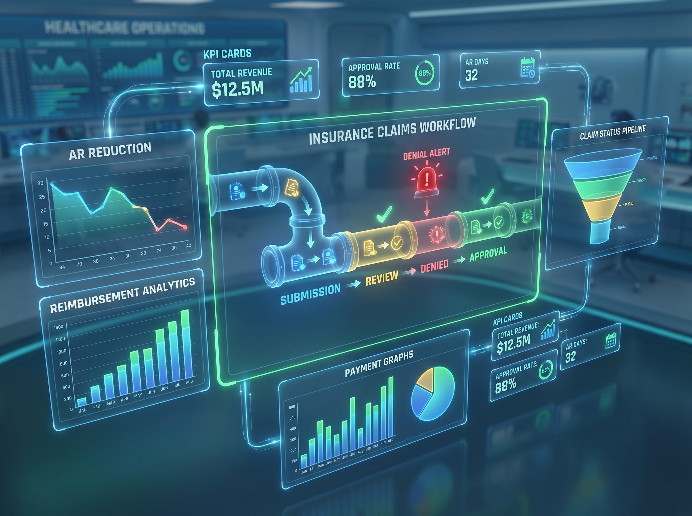 Revenue Cycle Management Dashboard showing claims workflow, reimbursement analytics, and financial operations
