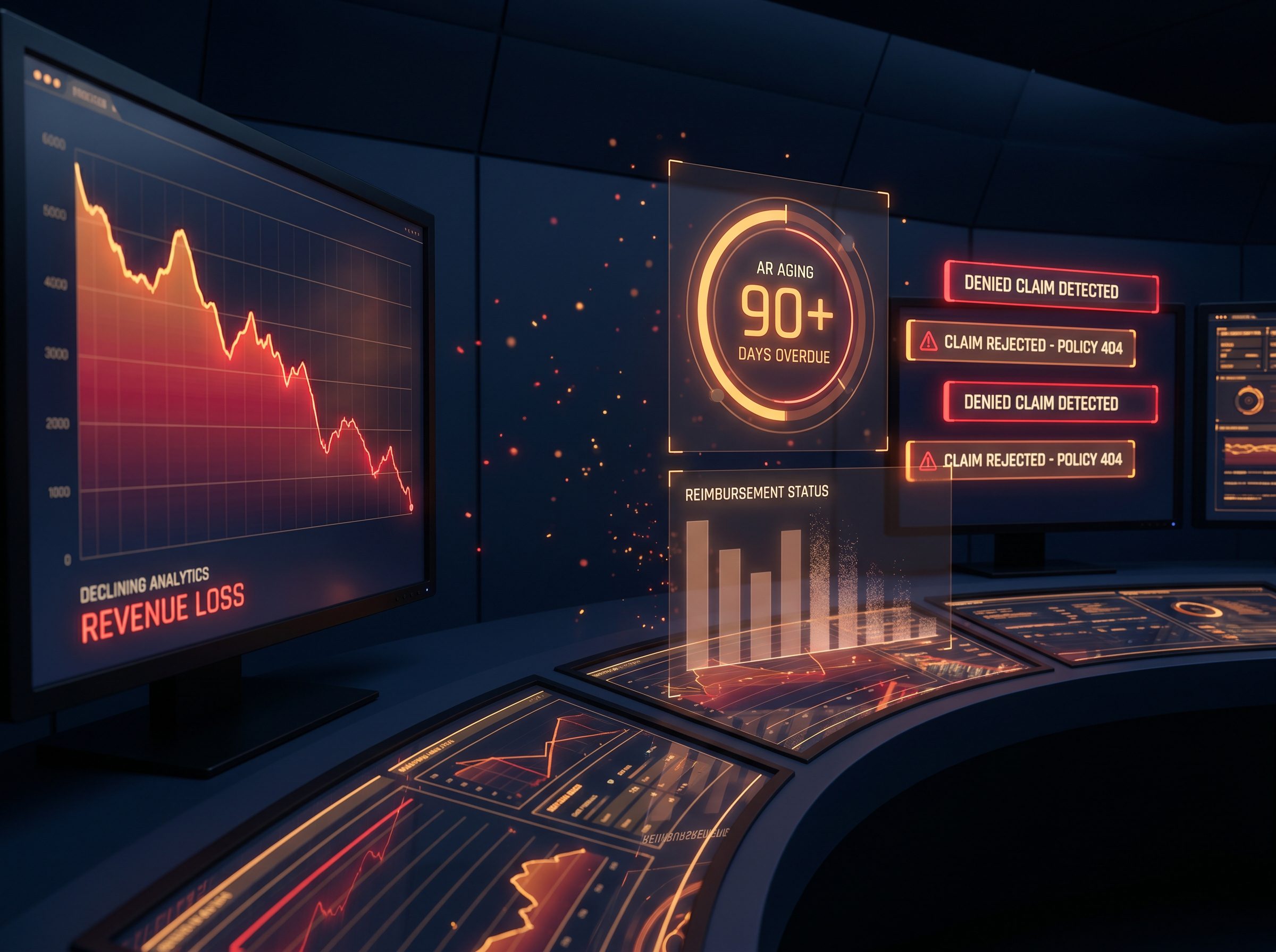 Medical billing revenue leakage dashboard showing denial analytics and AR aging metrics